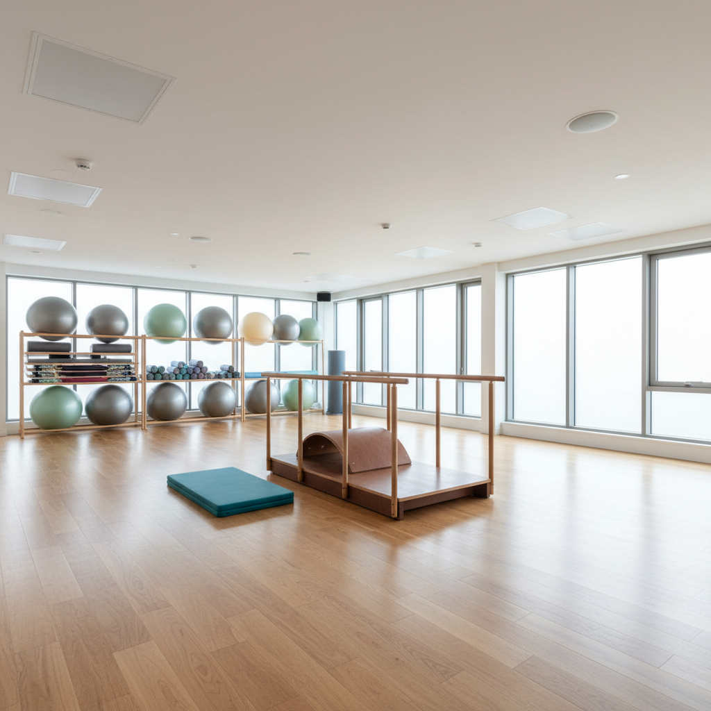 A spacious, barrier-free exercise room in Boulogne with light oak flooring, a wide, stable balance board, a low step platform with handrails on both sides, and a neatly folded, thick, teal exercise mat placed nearby. Along the wall, there is a well-organized rack of soft foam rollers and stability balls of different sizes, all in calm, muted tones. Diffused overcast daylight enters through large windows, creating an even, soothing illumination with minimal harsh shadows. Photographic realism from a slightly elevated perspective using the rule of thirds. The atmosphere is calm, reassuring, and medically safe, illustrating a professional setting for adapted physical activity for adults with pathologies or disabilities.