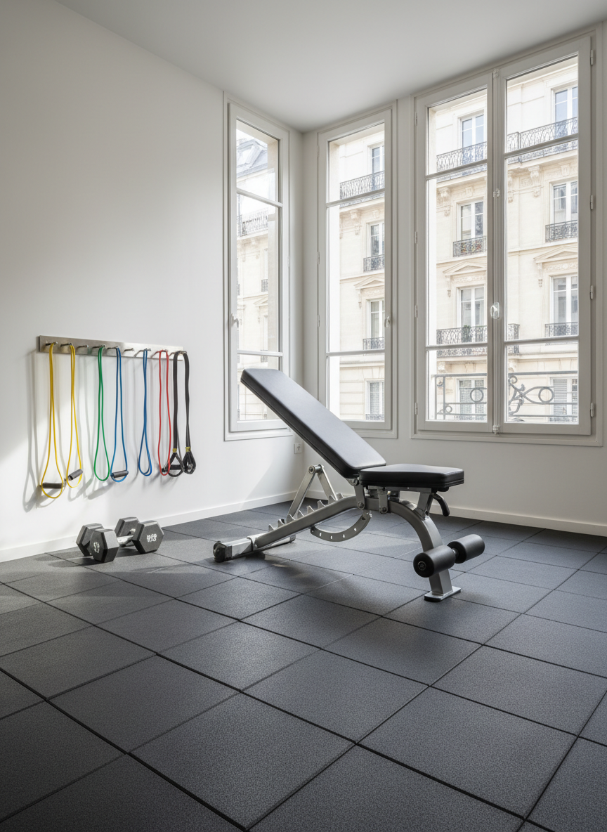 A neatly organized corner of a bright, modern training studio in Paris, featuring a sturdy adjustable exercise bench, a set of color-coded resistance bands hanging on a sleek wall rack, and a pair of medium-weight dumbbells resting on a non-slip, charcoal-grey rubber floor. Large windows reveal a subtle hint of Haussmann-style buildings outside. Soft morning daylight floods the room, creating gentle reflections on the metal equipment and soft shadows along the floor. Photographic realism, shot at eye level with a slight wide angle, sharp focus throughout. The mood is professional, secure, and inviting, suggesting a safe space for personalized sport-santé coaching and progressive, adapted physical activity.