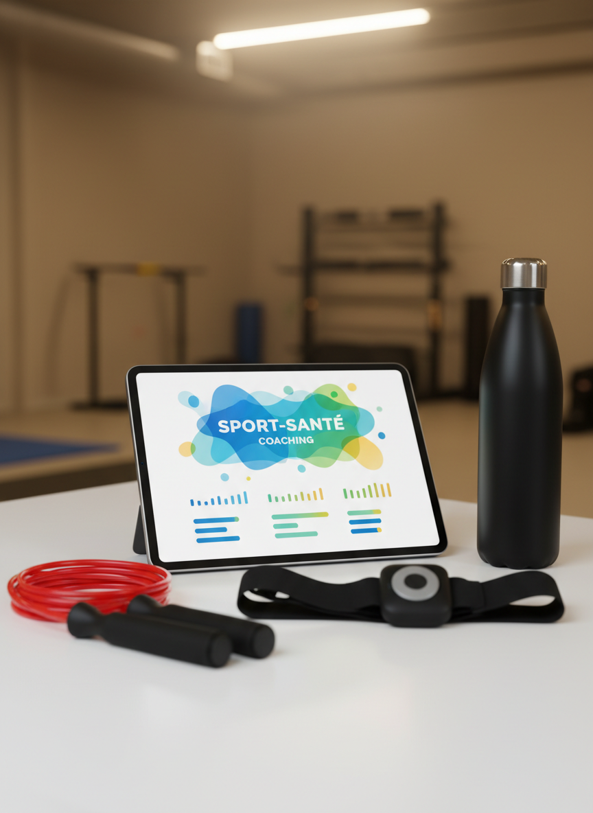A close-up photographic view of a digital tablet resting on a clean white desk, displaying a detailed weekly sport-santé coaching plan represented only through colorful abstract shapes and progress bars, without any readable text. Beside it lie a neatly coiled skipping rope, a heart-rate monitor strap, and a reusable stainless-steel water bottle with a matte finish. The background shows a blurred glimpse of an indoor training space with neutral walls and simple equipment. Warm, soft artificial lighting from an overhead source creates gentle highlights and subtle shadows. Shot from a three-quarter top angle with shallow depth of field, focusing on the tablet and tools. The mood is structured, motivating, and reassuring, emphasizing personalized, professional health coaching and progressive tracking of vitality.