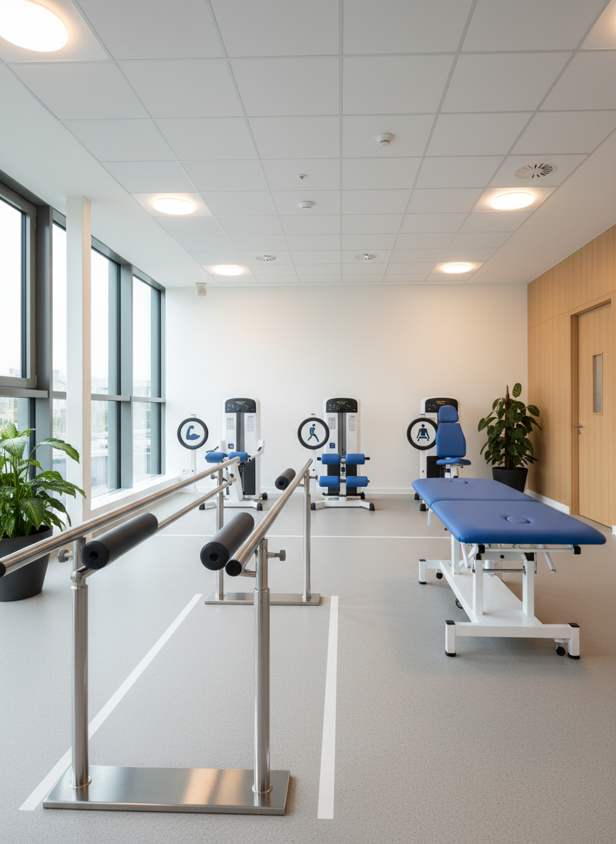 An orderly rehabilitation-focused training zone in a modern Parisian facility, featuring a set of parallel bars with cushioned grips, a stable, height-adjustable treatment table, and a series of neatly aligned low-intensity strength machines with large, easy-to-read adjustment knobs represented only by simple icons. The floor is covered with non-slip, light-grey rubber, and safety markings are subtly integrated. Natural daylight from tall windows mixes with discreet ceiling spotlights, creating uniform, glare-free illumination ideal for secure movement. Captured in photographic realism from an eye-level viewpoint with balanced composition and clear depth, so all equipment is easily visible. The ambiance is highly professional, reassuring, and supportive, conveying specialized expertise in adapted physical activity and restoring autonomy for adults managing health conditions.