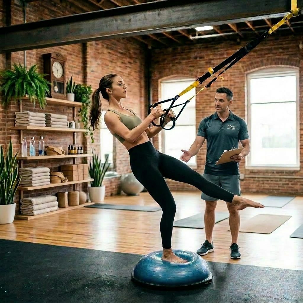Woman doing suspension training balancing on one foot on a Bosu ball in a gym